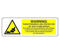 Panneau de sécurité avec inscription « These Premises Are Protected By Anti-Climb Spikes No Liability Can Be Accepted » - Autocollant à haute adhérence (600 mm x 200 mm) - Distance de visualisation à