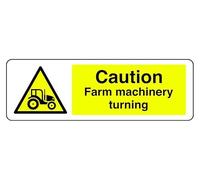 Panneau de sécurité « Caution Farm Machinery Turning » - Plastique rigide de 1,2 mm pour une utilisation en intérieur/extérieur (300 mm x 100 mm) - Distance de visualisation jusqu'à 5 m.