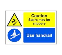 Panneau de sécurité « Caution Stairs May Be Slippery A Use Handrail » en plastique rigide de 1,2 mm pour une utilisation en intérieur/extérieur (150 mm x 100 mm) Distance de visualisation à moins de 3