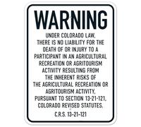 Panneau de sécurité en métal avec inscription « Warning Under Colorado Law There Is No Liability For The Death or Injury To A Participant In An Agricultural Sign » - 20,3 x 30,5 cm