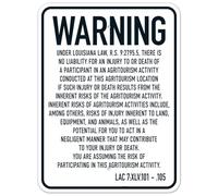 Panneau de sécurité en métal avec inscription « Warning Under Louisiana Law There Is No Liability For An Injury Or Death Of A Participant In An Agritourism » - 20,3 x 30,5 cm