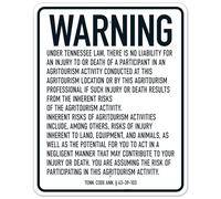 Panneau de sécurité en métal avec inscription « Warning Under Tennessee Law There Is No Liability For An Injury To Or Death Of A Participant » - 20,3 x 30,5 cm