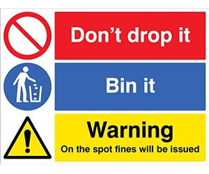 Panneau de sécurité rigide en PVC avec inscription « Don't drop it - bin it! On the spot fines will be issued »