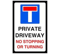Panneau de sécurité routière avec inscription « Private driveway no stop or turning » (150 mm x 100 mm) - Distance de visualisation à moins de 3 m.