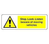 Panneau de sécurité « Stop Look Listen Beware Of Moving Vehicles » en aluminium Dibond de 3 mm pour une utilisation en intérieur/extérieur (450 mm x 150 mm) Distance de visualisation de 5 m.