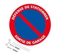 Panneau de signalisation rétro réfléchissant rond prépercé PVC ou ALU diam 250mm ou 300mm + Kit de fixation pour pose facile, rapide - Défense de stationner sortie de garage -