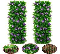 Panneau De Treillis De Jardin Extensible 200 X 40 Cm, 2 Écrans en Bois Rétractables avec Fleurs Violettes Et Lierre Artificiel, Clôture Décorative en Fausse Plante De Lierre, for Patio, Jardin, Cour