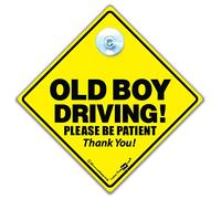 Panneau de voiture « Old Boy Driving Please Be Patient », « Old Man Driver », « Blague » pour voiture, panneau de voiture amusant pour personnes âgées, jaune et noir super lumineux 14 cm x 14 cm