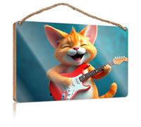 Panneau décoratif à suspendre « A Happy Cartoon Cat Playing an Electric Guitar Wood Kitchen Decor » (23 x 35 cm)