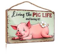 Panneau décoratif à suspendre « Living The Pig Life And Loving It! » - Panneau en bois - Accessoire de bureau pour femme (23 x 35 cm)