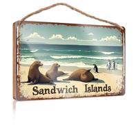 Panneau décoratif à suspendre pingouins et phoques relaxant sur la plage dans les îles Sandwich - Panneau en bois amusant pour salle de bain - Décoration de campagne pour la maison (15 x 28 cm)