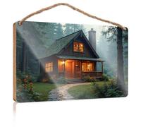 Panneau décoratif à suspendre pour garde-manger « Cozy Cabin In The Woods : A Serene Retreat » - Panneau en bois pour café, bar, bureau - 23 x 35 cm
