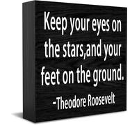 Panneau décoratif amusant en bois avec inscription « Keep Your Eyes On The Stars And Your Feet On The Ground » - Décoration de bureau rustique - 12,7 x 12,7 cm