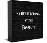 Panneau décoratif amusant en bois « My Heart Belongs At The Beach » pour maison, bureau, maison et bureau - Décoration carrée rustique pour étagère - 12,7 x 12,7 cm