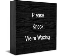 Panneau décoratif amusant en bois « Please Knock We'Re Waxing » - Décoration de maison ou de bureau - Style rustique - Carré - 12,7 x 12,7 cm