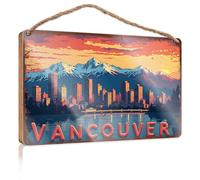 Panneau décoratif de salle de bain Vancouver Coucher de soleil : paysage urbain avec montagnes et reflets - Panneau en bois - Cadeaux amusants - Décorations d'automne extérieures (20 x 30 cm)