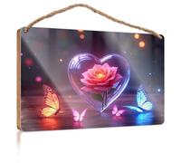 Panneau décoratif en bois avec inscription « Love in Bloom » : une rose en forme de cœur avec des papillons pour décoration de bureau, de chambre à coucher (23 x 35 cm)