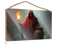 Panneau décoratif en bois avec tête de mort dans une cape rouge tenant une lampe de poche et un sac - Panneau mural amusant pour salle de bain (15 x 28 cm)