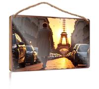 Panneau décoratif en bois pour porte d'entrée avec inscription « Man in Long Coat Walking Towards The Eiffel Tower At Sunset » (20 x 30 cm)