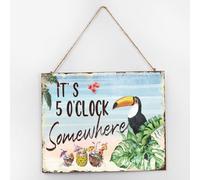 Panneau décoratif rustique « It's Five O'Clock Somewhere » - Panneau de motivation en bois - Motif perroquet - Fleurs de flamant rose - Décoration murale en bois pour chambre à coucher et entrée