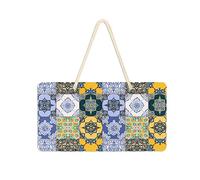 Panneau décoratif tribal marocain portugais à motif bleu, blanc, jaune, panneau en PVC à suspendre, 35,1 x 24,9 cm, panneau de bienvenue pour porche, jardin, cour, maison, façade de ferme, planches