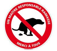 Panneau Déjection Canine Interdite, Un Maître Responsable Ramasse - Diamètre 140 mm - Plastique PVC de 1 mm