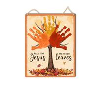 Panneau d'empreinte de main « Fall for Jesus He Never Leaves » - Artisanat chrétien pour enfants et tout-petits - Cadeau souvenir religieux pour bébé, école du dimanche - Décoration biblique