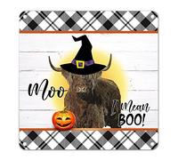 Panneau d'Halloween en étain avec chapeau de sorcière et citrouille - Panneau à carreaux noir et blanc - Panneau Moo I Mean Boo à suspendre - Décoration festive rustique pour cheminée, salon, bar