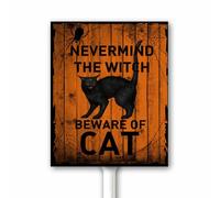 Panneau d'Halloween « Never Mind The Witch Beware of Cat » avec piquet - Décoration de fête amusante en aluminium - Motif chat noir - Décoration d'automne rustique - 18 x 22 cm