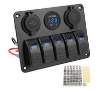 Panneau d'interrupteur XTEVU, Boîte à interrupteur à bascule, panneau de commande à bascule compatible avec les systèmes DC 12V à 24V, 5 gangs préwired avec un voltmètre à douille (Bleu)