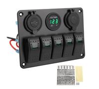 Panneau d'interrupteur XTEVU, Boîte à interrupteur à bascule, panneau de commande à bascule compatible avec les systèmes DC 12V à 24V, 5 gangs préwired avec un voltmètre à douille (Vert)