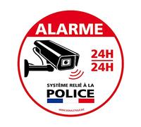 Panneau dissuasif “ALARME, Système relié à la Police”. Panneau en aluminium à fixer. Plaque en aluminium rigide. Panneau d’alarme 24h/24h.