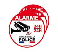 Panneau dissuasif “ALARME, Système relié à la Police”. Panneau en aluminium à fixer. Plaque en aluminium rigide. Panneau d’alarme 24h/24h.