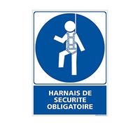 Panneau d'obligation Port du harnais de sécurité Picto + Texte. Obligation Signalisation EPI. Autocollant, PVC, Alu - 210 x 300 mm - Adhésif - Adhésif -