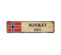 Panneau en aluminium avec drapeau national de la Norvège Oslo City rétro en métal à suspendre au mur - Souvenir de campagne - Plaque en métal de qualité pour porche - 30,5 x 7,6 cm - Cadeau de