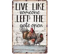 Panneau en aluminium avec inscription « Chicken Beautiful Rooster And Hen Live Like Someone Left The Gate Open » - Décoration murale vintage chic - 20,3 x 30,5 cm