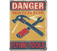 Panneau en aluminium avec inscription « Danger Watch for Flying Tools » - 20,3 x 30,5 cm - Décoration murale amusante - Rétro - Pour bar, café, club, pub