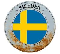 Panneau en aluminium vintage avec drapeau national de la Suède - Cadeau souvenir de pays - Plaque ronde en métal de qualité pour les amateurs de voyages - 22,9 x 22,9 cm - Cadeau de pendaison de