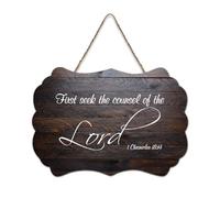 Panneau en bois 1 Chronicles 18:14 First Seek The Counsel of The Lord 15,2 x 25,4 cm avec verset de la Bible - Décoration murale rustique à suspendre pour porte d'entrée, salon, cuisine, décoration de