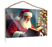 Panneau en bois à suspendre en forme de Père Noël avec inscription « Reading A Book By The Christmas Tree » - Idées de décoration d'intérieur - Cadeau pour la cuisine, le bureau et la maison (15 x 28