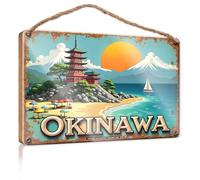 Panneau en bois à suspendre « No Solociting Signs Okinawa : A Serein Japanese Beachscape With Pagoda And Sailboat » (20 x 30 cm)