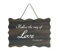 Panneau en bois avec citations inspirantes de la Bible, 1 Corinthiens 14:1 Follow The Way of Love Panneau en bois de ferme avec dicton positif Décoration murale pour porte de bureau, décoration