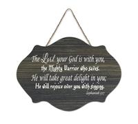 Panneau en bois avec verset de la Bible « The Lord Your God Is with You, The Mighty Warrior Who Saves, He Will Take Great Delig » - Décoration murale - 15,2 x 25,4 cm