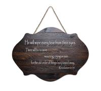 Panneau en bois avec verset « Revelation 21:4 He Will Wipe Every Tear From Their Eyes There Will Be No More Mourning Crying or Wood » - Décoration murale à suspendre pour porte de bureau, décoration