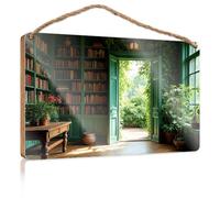 Panneau en bois décoratif « A Cozy Library with an Open Door Leading to A Lush Garden » - Décoration murale amusante - 23 x 35 cm
