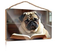 Panneau en bois décoratif avec inscription « A Pug Reading An Open Book » - Décoration de bureau pour mur - Panneau amusant (20 x 30 cm)