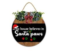 Panneau en bois « Merry Christmas » avec inscription « This House Believe In Santa Paws » - Décoration amusante pour porche - 30 x 30 cm - Cadeau de pendaison de crémaillère pour les amoureux des