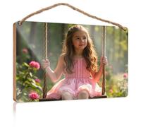Panneau en bois « Our Home Signs For Home Decor A Young Girl In A Pink Dress Sits On A Swing Entouré de fleurs » Décoration de bureau (15 x 28 cm)
