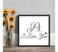 Panneau en bois personnalisé avec inscription « Ps I Love You » - Décoration murale imprimée - Cadre en bois véritable pour cuisine, chambre à coucher, bureau - 17,8 x 17,8 cm
