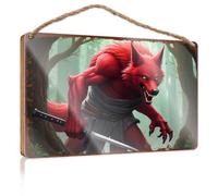 Panneau en bois pour décoration d'intérieur, motif loup rouge, samouraï : The Forest Guardian, panneau avant à suspendre (20 x 30 cm)